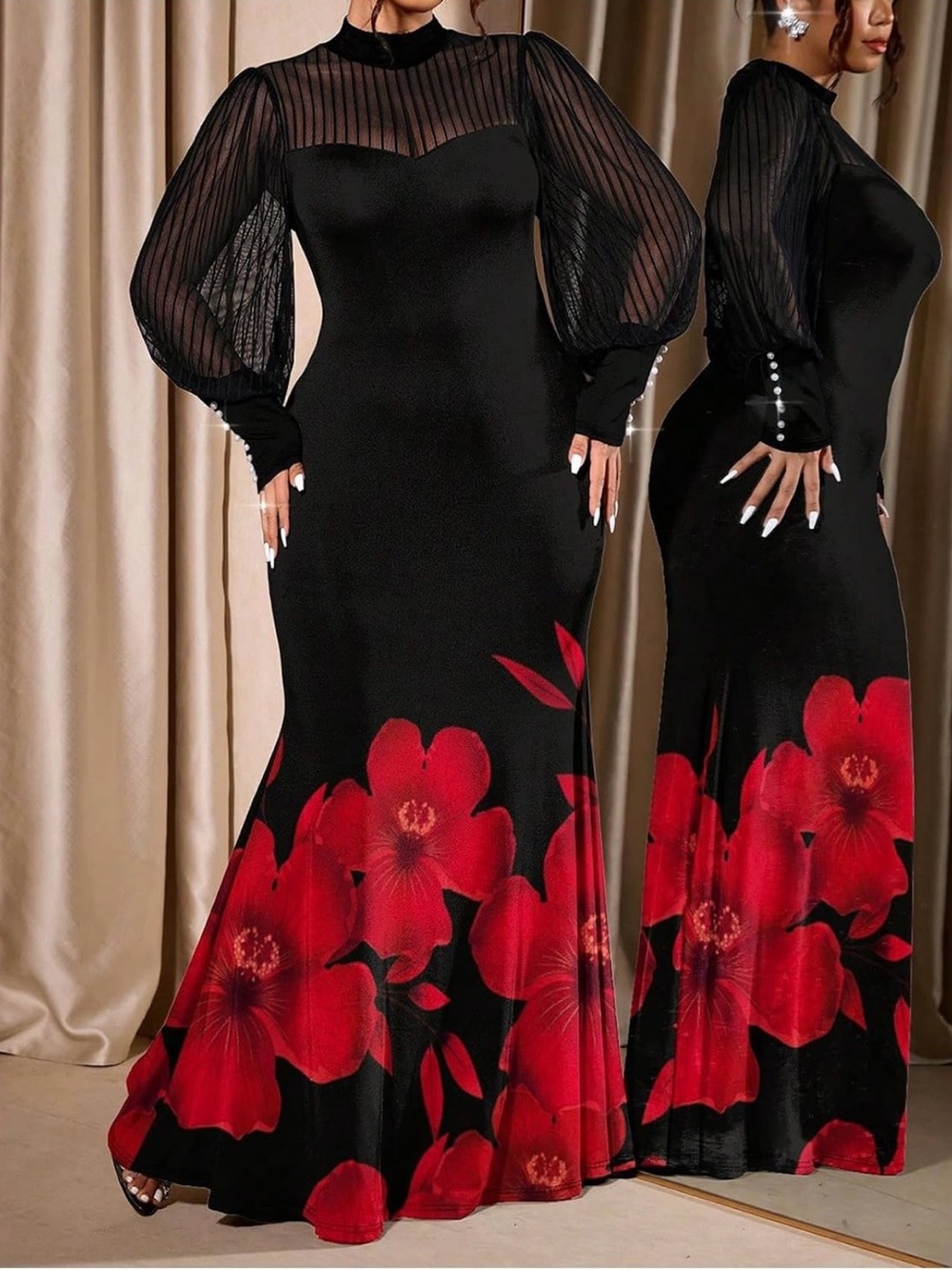 Black Maxi Dress with Red Floral Hem and Sheer Pinstripe Sleeves